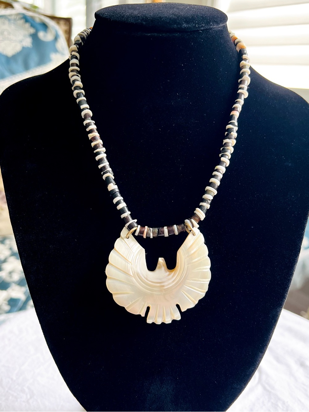 Vintage Southwestern Mother of Pearl Eagle Heishe Bead Necklace